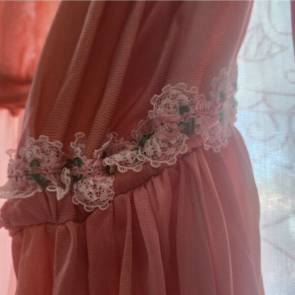 Vintage 50s Pink Satin Robe Puff Sleeve Maxi Waistband Cottagecore Fairy Vday - Picture 7 of 17